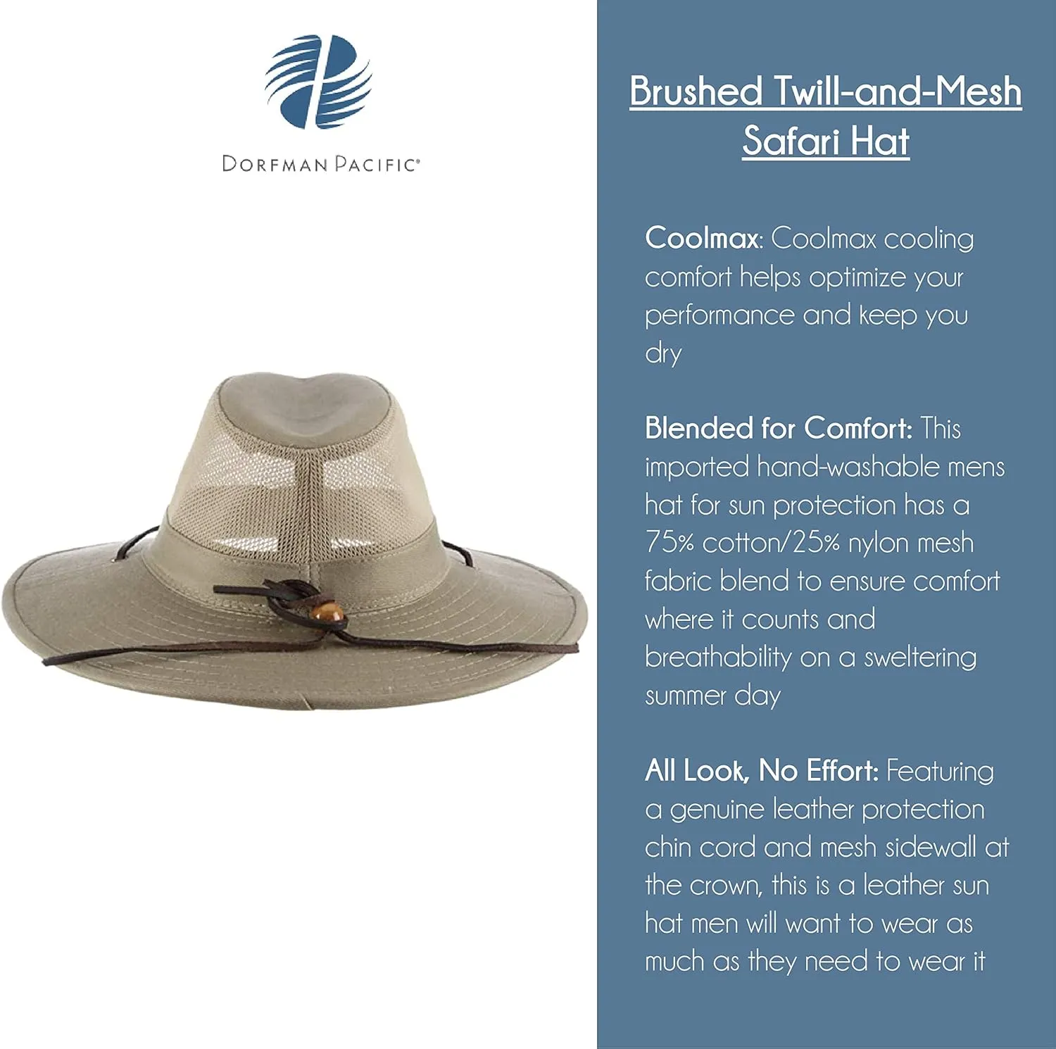 Dorfman Hat Co. Men's Brushed Twill-and-Mesh Safari Hat with Genuine Leather Trim