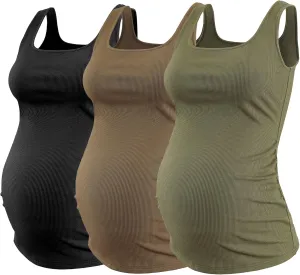 Ecavus Women's Maternity Tank Top 3 Pack Square Neck Ruched Side Soft Stretch Ribbed Comfortable Basic Shirt