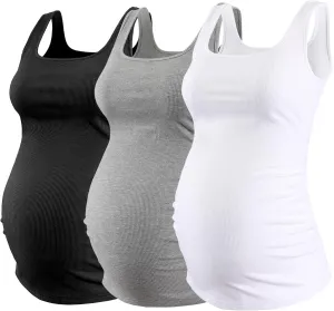 Ecavus Women's Maternity Tank Top 3 Pack Square Neck Ruched Side Soft Stretch Ribbed Comfortable Basic Shirt
