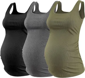 Ecavus Women's Maternity Tank Top 3 Pack Square Neck Ruched Side Soft Stretch Ribbed Comfortable Basic Shirt