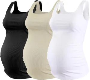 Ecavus Women's Maternity Tank Top 3 Pack Square Neck Ruched Side Soft Stretch Ribbed Comfortable Basic Shirt