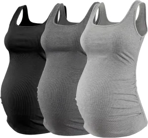 Ecavus Women's Maternity Tank Top 3 Pack Square Neck Ruched Side Soft Stretch Ribbed Comfortable Basic Shirt