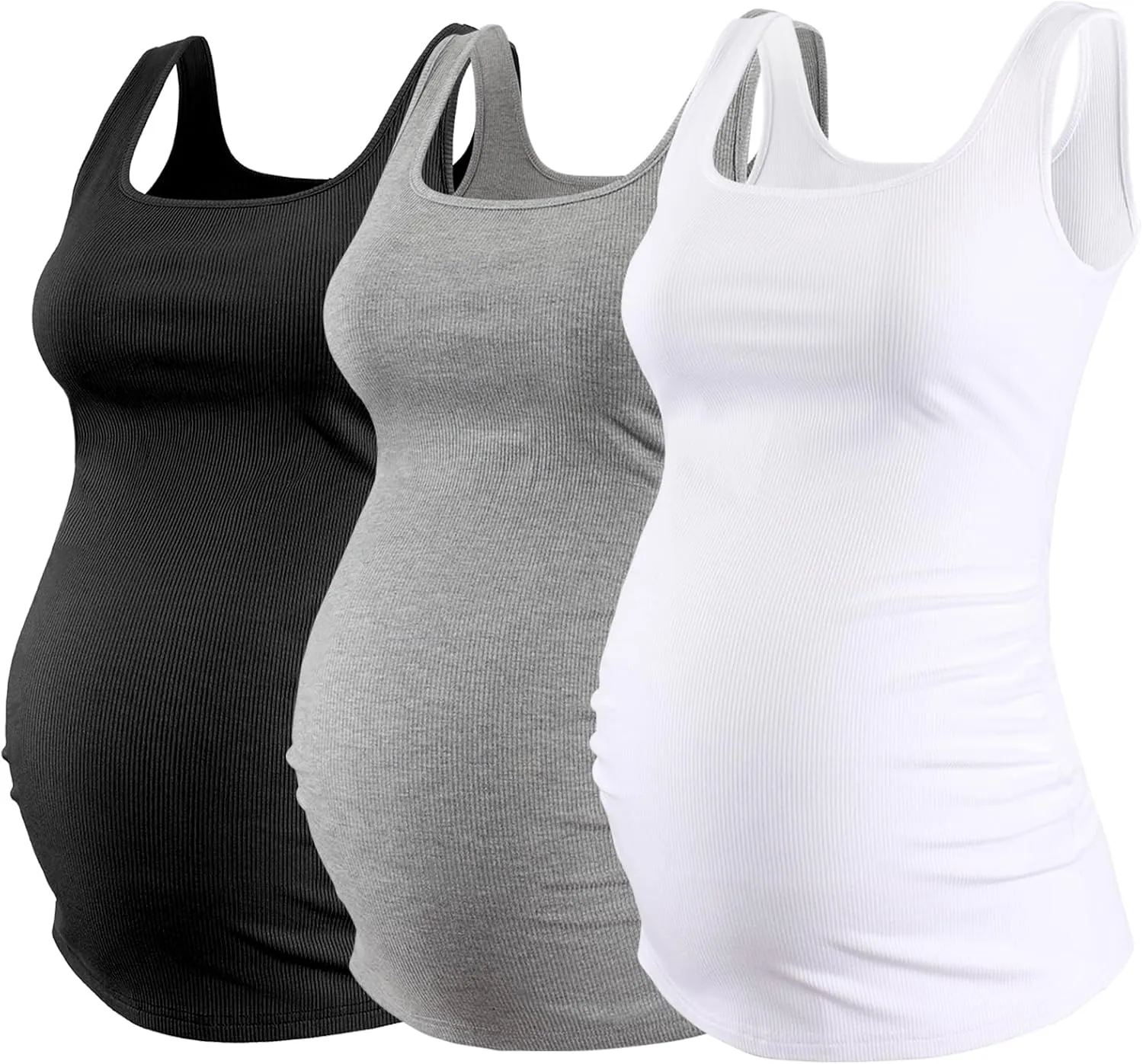 Ecavus Women's Maternity Tank Top 3 Pack Square Neck Ruched Side Soft Stretch Ribbed Comfortable Basic Shirt