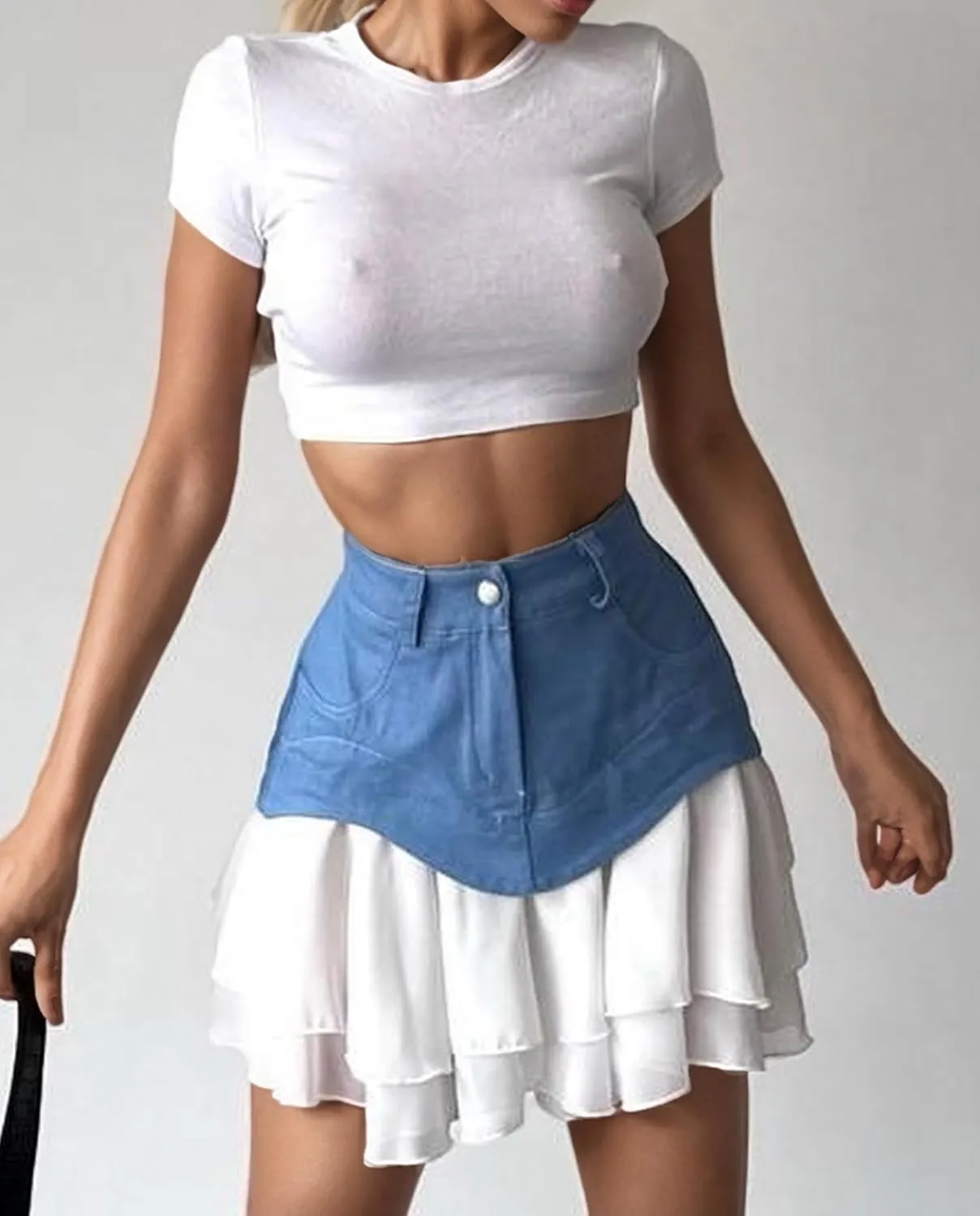Ecirod Womens Summer Color Block Tiered Layer A Line Pleated Mini Skirt High Waisted Ruffle Hem Y2k Jean Short Skirts