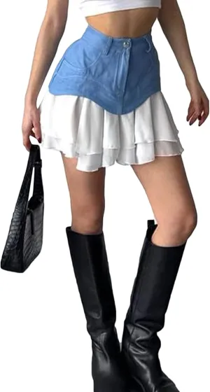 Ecirod Womens Summer Color Block Tiered Layer A Line Pleated Mini Skirt High Waisted Ruffle Hem Y2k Jean Short Skirts