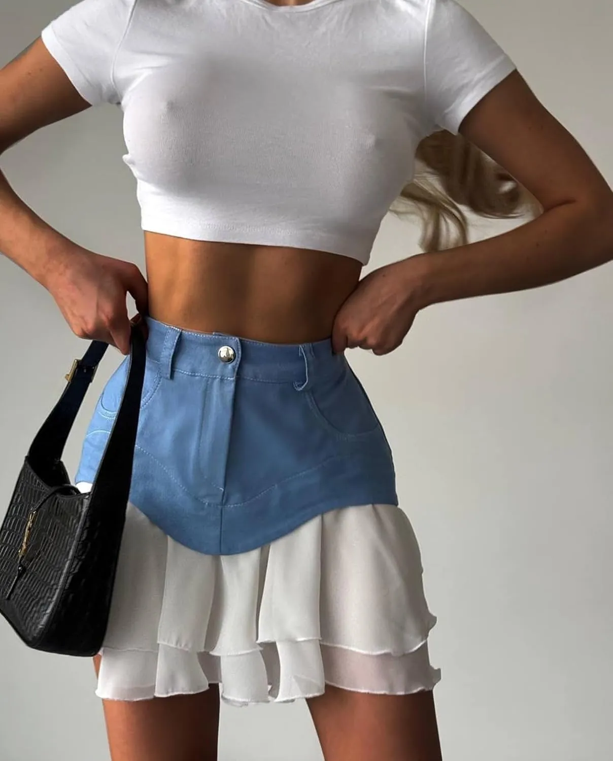 Ecirod Womens Summer Color Block Tiered Layer A Line Pleated Mini Skirt High Waisted Ruffle Hem Y2k Jean Short Skirts