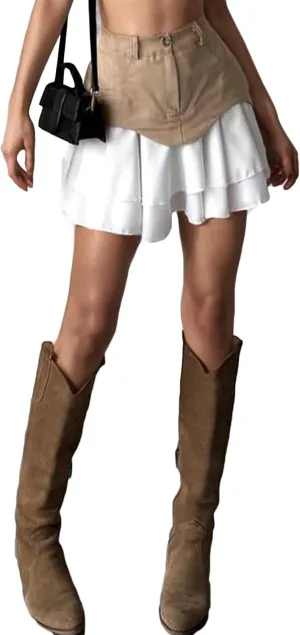 Ecirod Womens Summer Color Block Tiered Layer A Line Pleated Mini Skirt High Waisted Ruffle Hem Y2k Jean Short Skirts