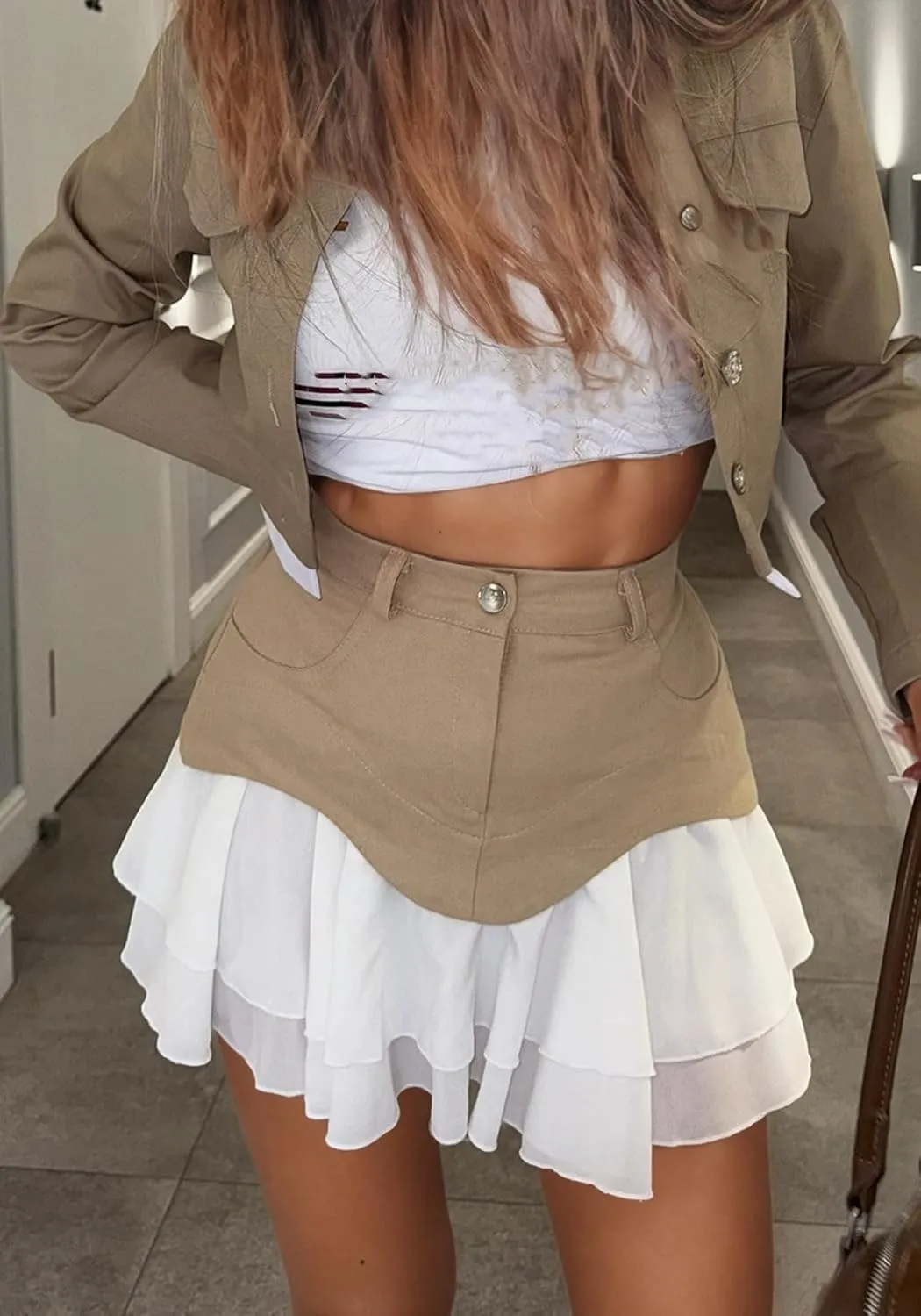 Ecirod Womens Summer Color Block Tiered Layer A Line Pleated Mini Skirt High Waisted Ruffle Hem Y2k Jean Short Skirts