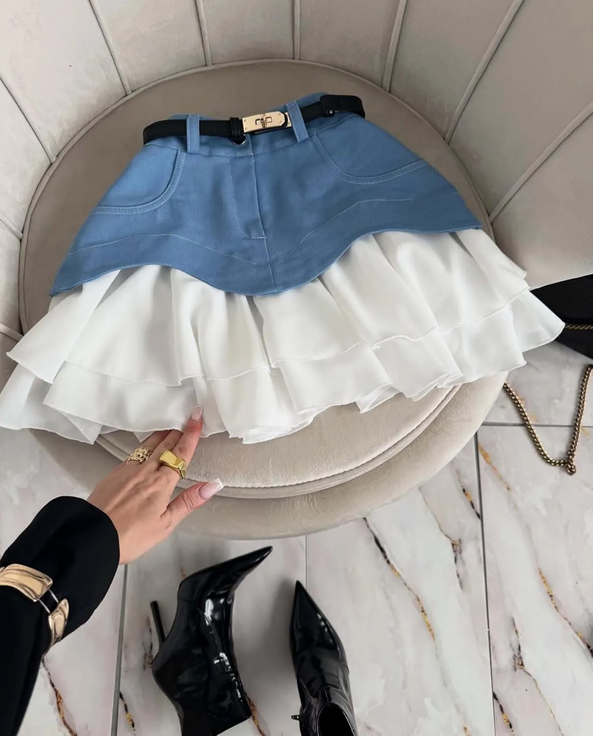 Ecirod Womens Summer Color Block Tiered Layer A Line Pleated Mini Skirt High Waisted Ruffle Hem Y2k Jean Short Skirts