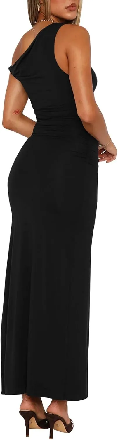 Ekaliy Women's Sexy Ruched Bodycon Dress Sleeveless Off Shoulder Slit Cocktail Maxi Dresses
