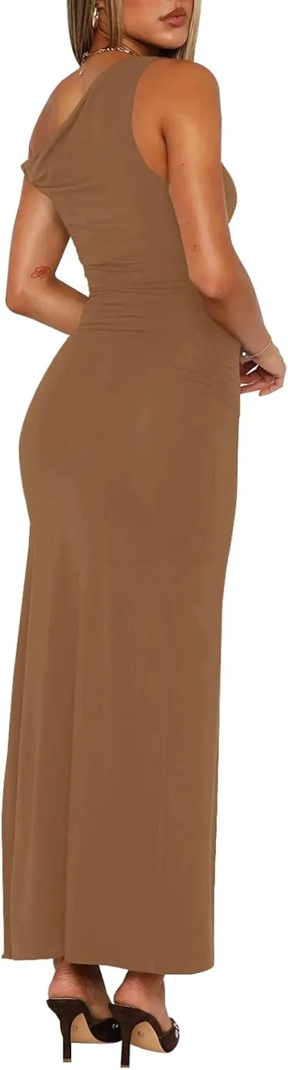Ekaliy Women's Sexy Ruched Bodycon Dress Sleeveless Off Shoulder Slit Cocktail Maxi Dresses