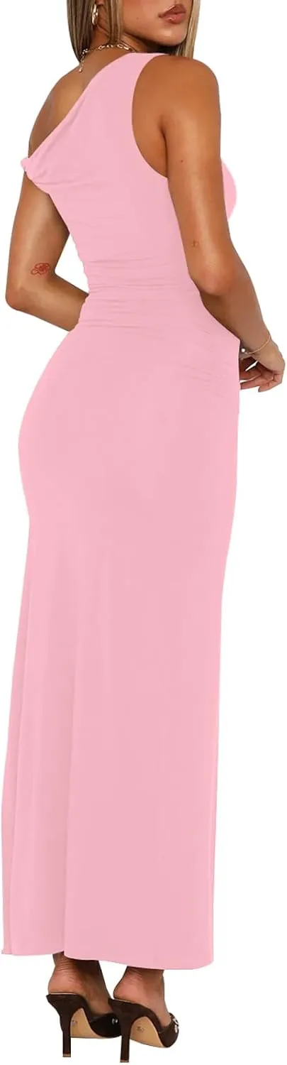 Ekaliy Women's Sexy Ruched Bodycon Dress Sleeveless Off Shoulder Slit Cocktail Maxi Dresses