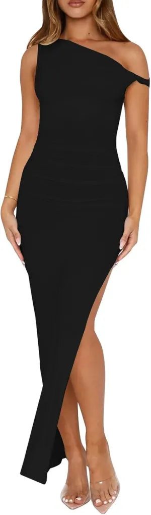 Ekaliy Women's Sexy Ruched Bodycon Dress Sleeveless Off Shoulder Slit Cocktail Maxi Dresses
