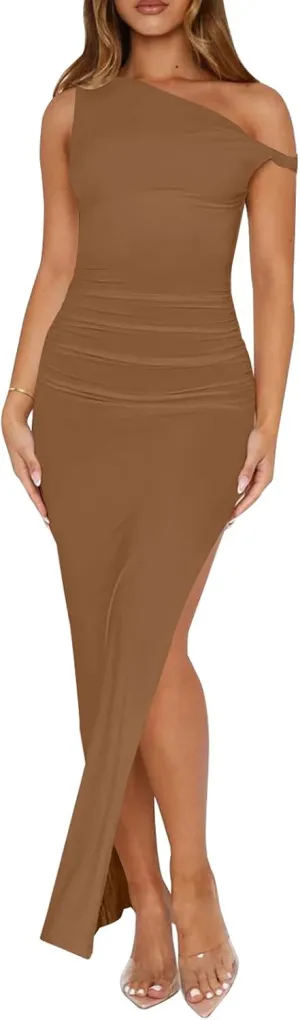 Ekaliy Women's Sexy Ruched Bodycon Dress Sleeveless Off Shoulder Slit Cocktail Maxi Dresses