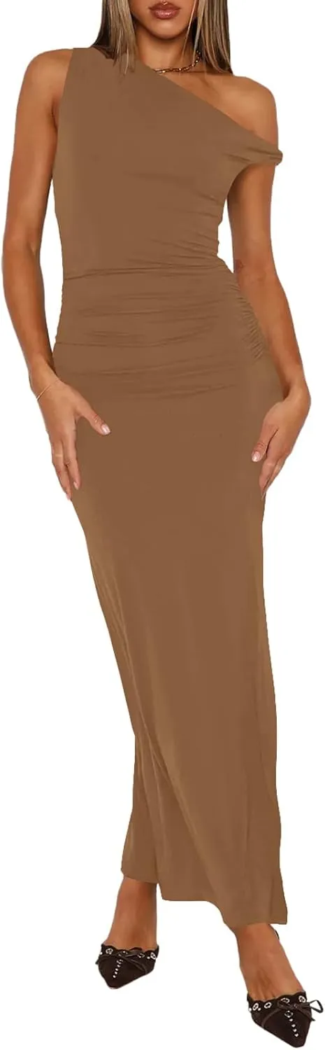 Ekaliy Women's Sexy Ruched Bodycon Dress Sleeveless Off Shoulder Slit Cocktail Maxi Dresses