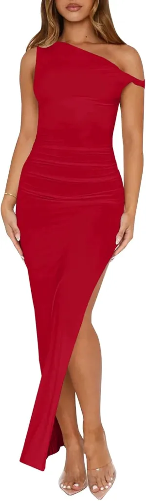 Ekaliy Women's Sexy Ruched Bodycon Dress Sleeveless Off Shoulder Slit Cocktail Maxi Dresses