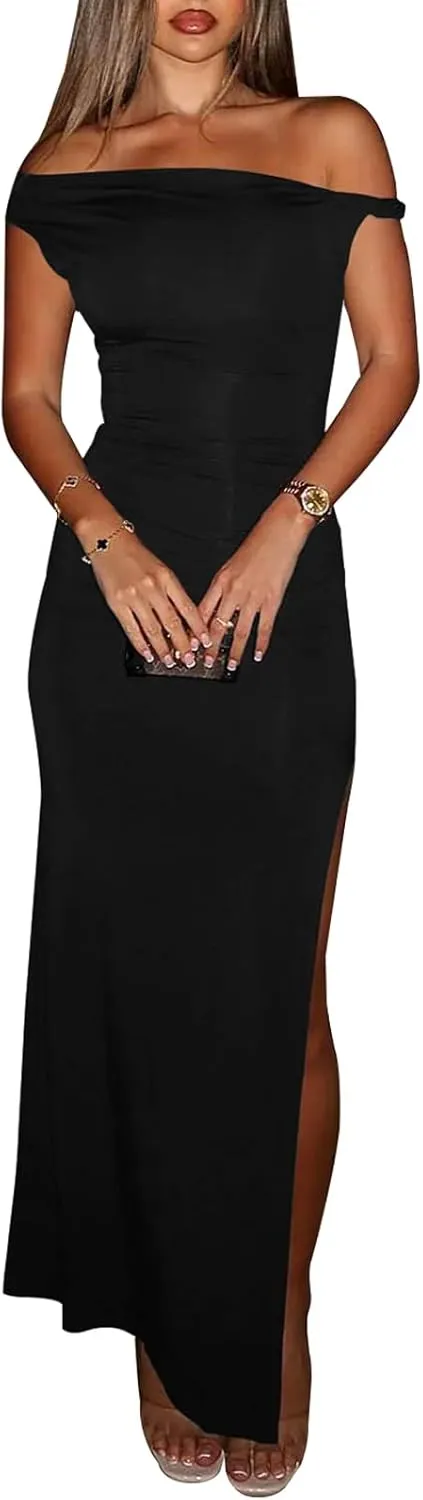 Ekaliy Women's Sexy Ruched Bodycon Dress Sleeveless Off Shoulder Slit Cocktail Maxi Dresses
