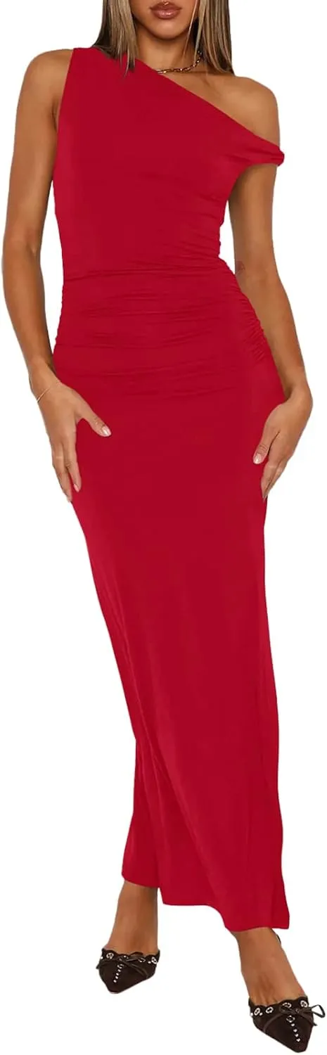 Ekaliy Women's Sexy Ruched Bodycon Dress Sleeveless Off Shoulder Slit Cocktail Maxi Dresses