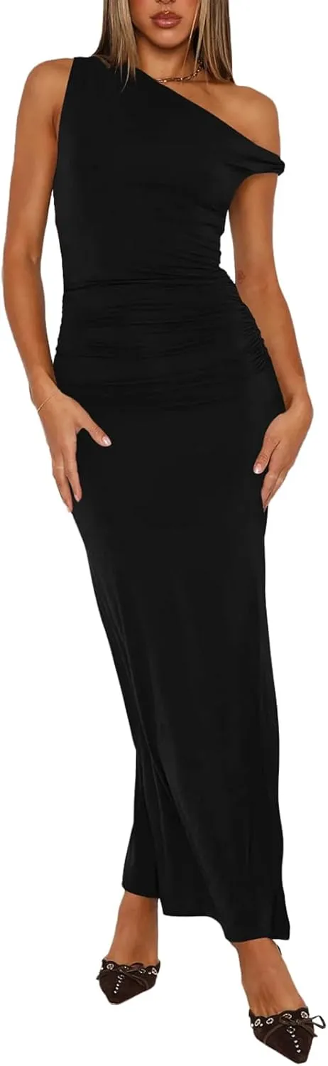 Ekaliy Women's Sexy Ruched Bodycon Dress Sleeveless Off Shoulder Slit Cocktail Maxi Dresses