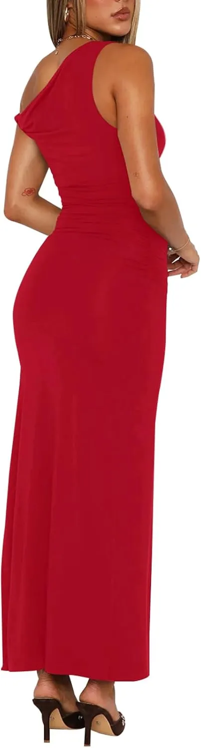 Ekaliy Women's Sexy Ruched Bodycon Dress Sleeveless Off Shoulder Slit Cocktail Maxi Dresses