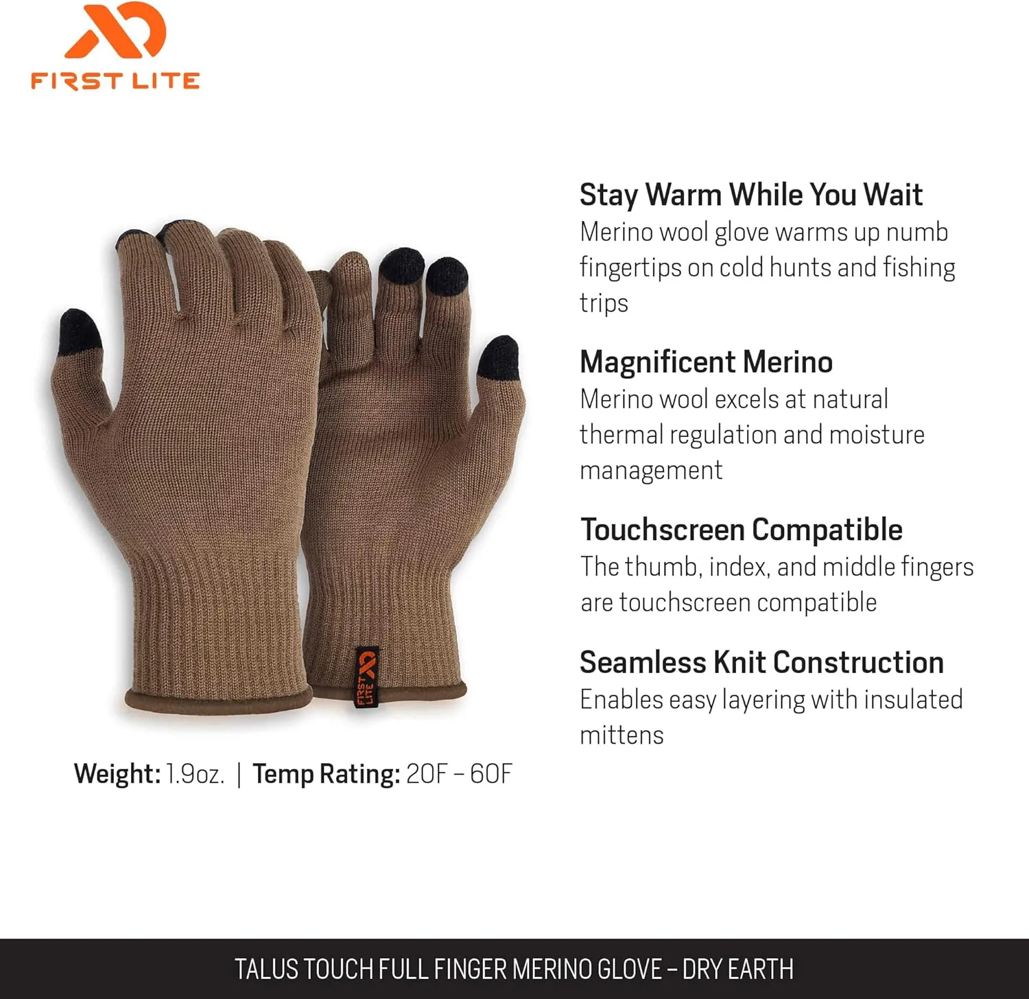First Lite Talus Touch Full Finger Merino Wool Glove - Lightweight Camo Hunting Gloves