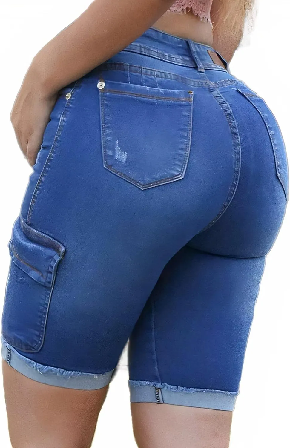 Flamingals Long Jean Shorts for Women High Waisted Bermuda Shorts Cargo Denim Shorts Tummy Control Jean Shorts