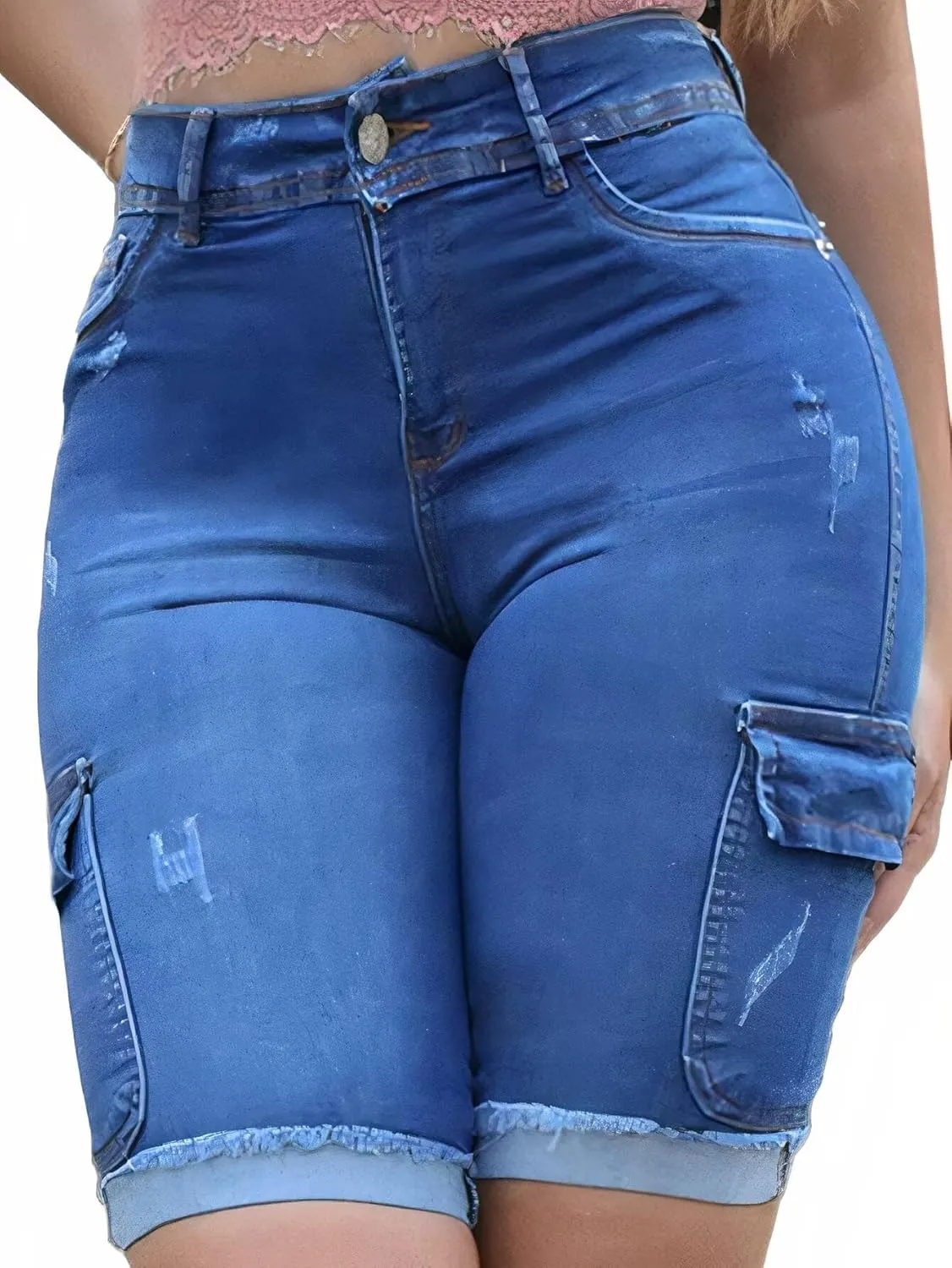 Flamingals Long Jean Shorts for Women High Waisted Bermuda Shorts Cargo Denim Shorts Tummy Control Jean Shorts
