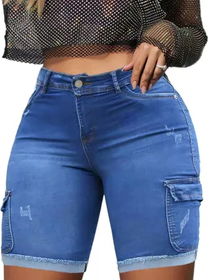 Flamingals Long Jean Shorts for Women High Waisted Bermuda Shorts Cargo Denim Shorts Tummy Control Jean Shorts