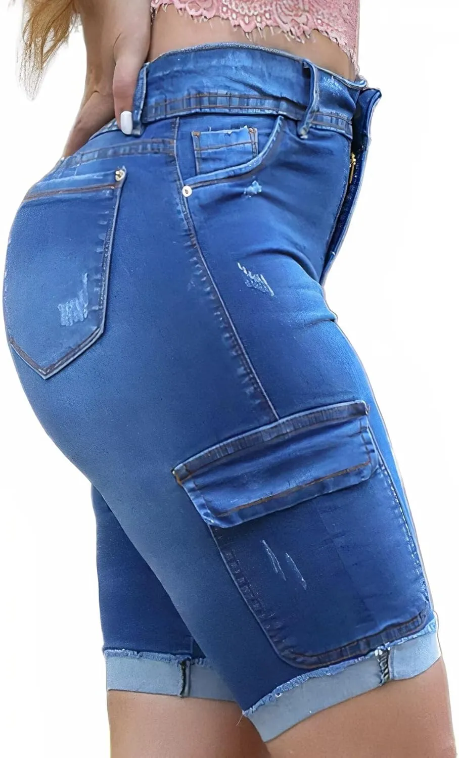 Flamingals Long Jean Shorts for Women High Waisted Bermuda Shorts Cargo Denim Shorts Tummy Control Jean Shorts