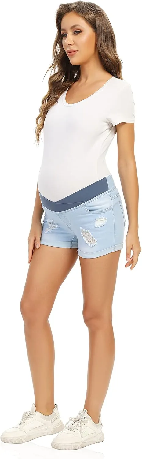 Foucome Women's Maternity Ripped Jean Shorts Roll Hem Denim Shorts Pregnancy Summer Shorts