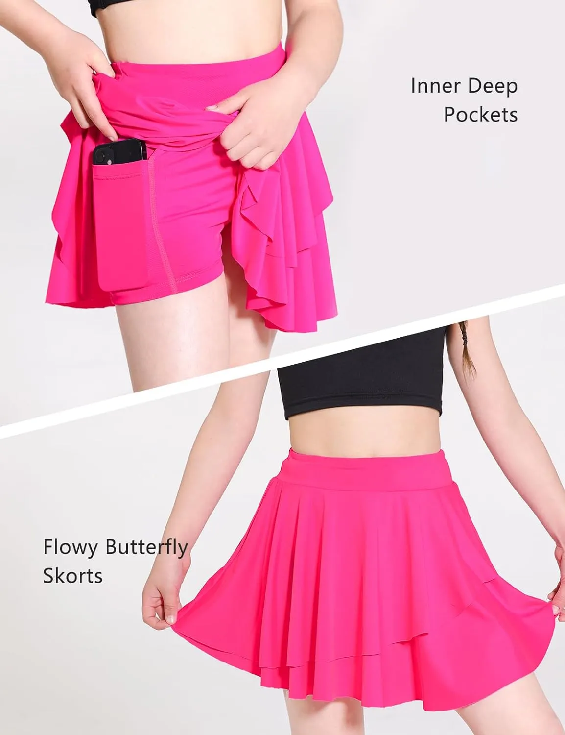 Girls Tennis Skirts Layered Ruffle Athletic Butterfly Flowy Skirts with Pocket Skorts for Girls 5-14Y