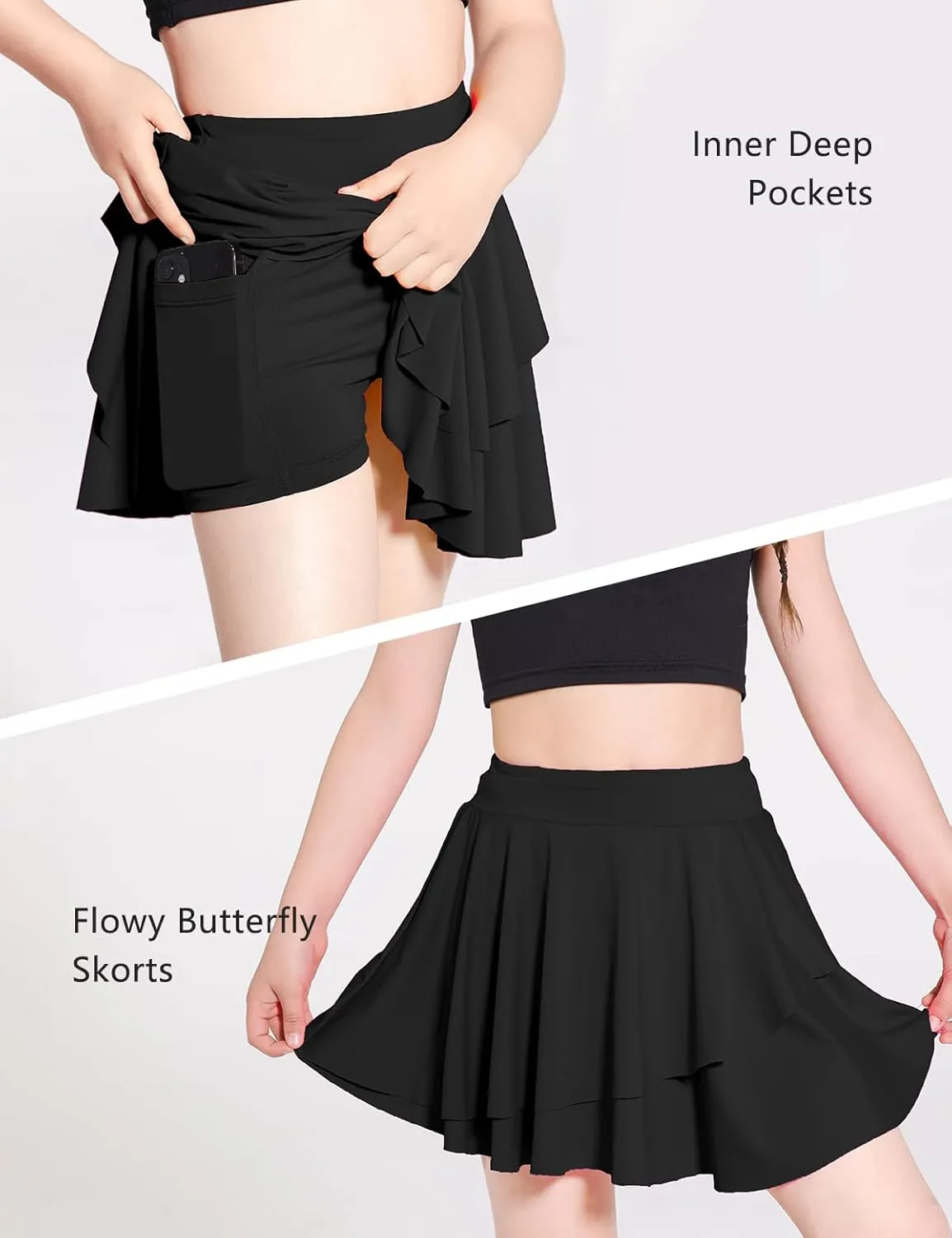 Girls Tennis Skirts Layered Ruffle Athletic Butterfly Flowy Skirts with Pocket Skorts for Girls 5-14Y