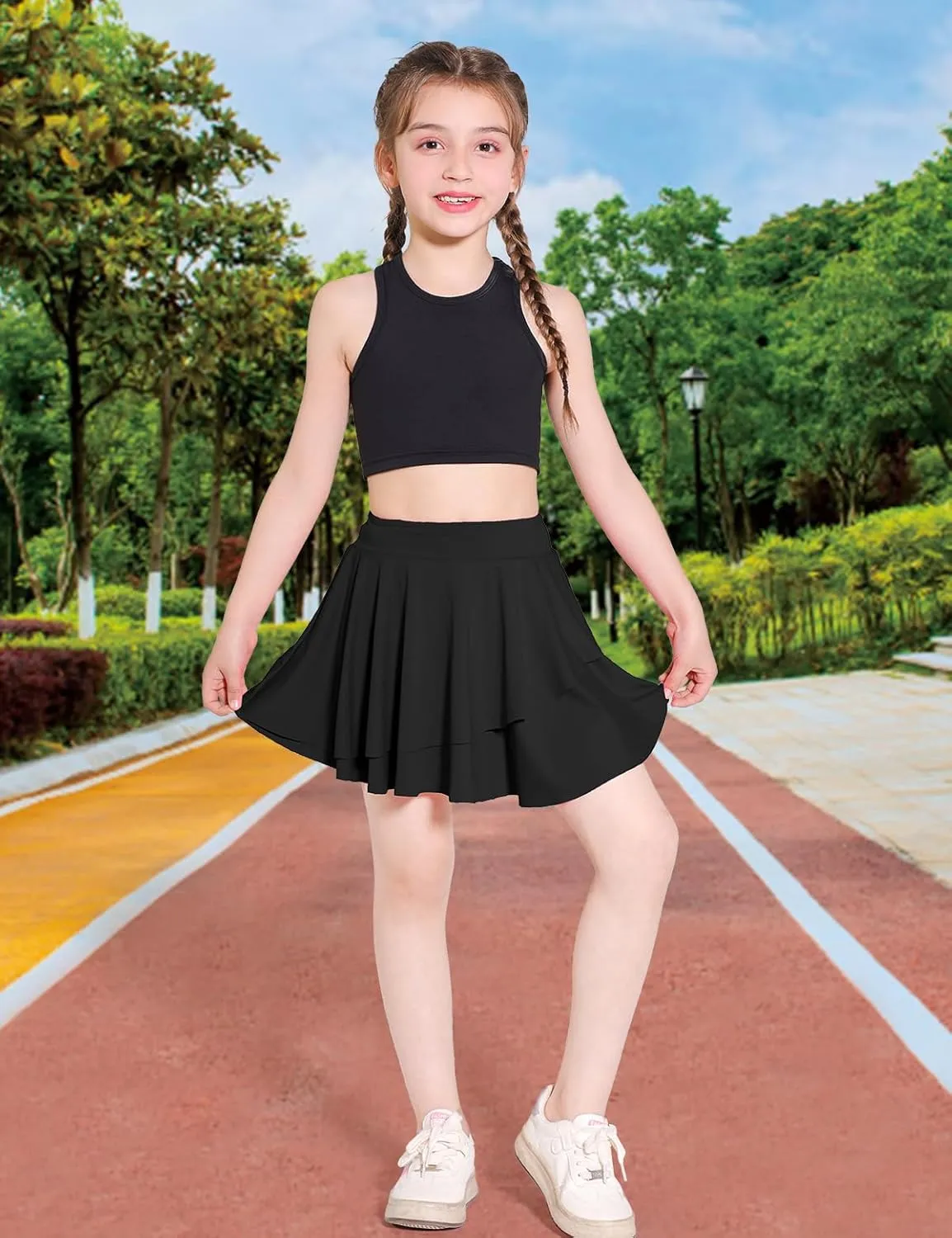 Girls Tennis Skirts Layered Ruffle Athletic Butterfly Flowy Skirts with Pocket Skorts for Girls 5-14Y