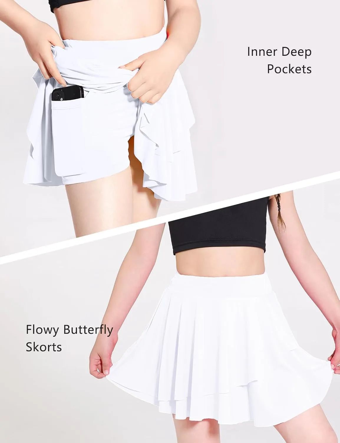 Girls Tennis Skirts Layered Ruffle Athletic Butterfly Flowy Skirts with Pocket Skorts for Girls 5-14Y