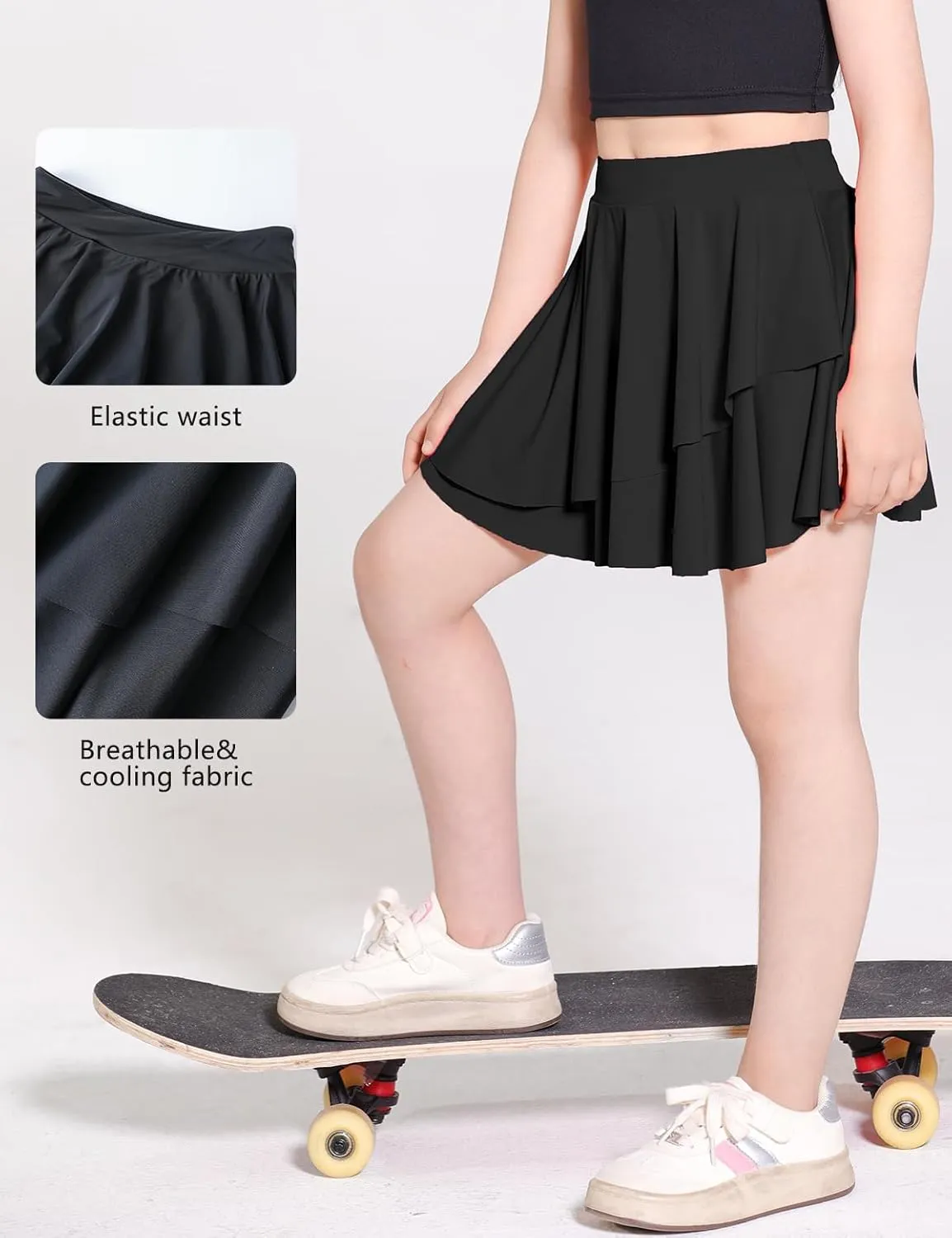 Girls Tennis Skirts Layered Ruffle Athletic Butterfly Flowy Skirts with Pocket Skorts for Girls 5-14Y