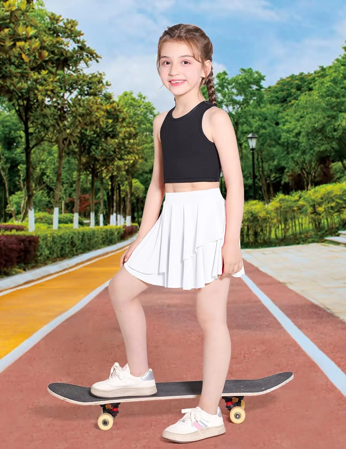 Girls Tennis Skirts Layered Ruffle Athletic Butterfly Flowy Skirts with Pocket Skorts for Girls 5-14Y