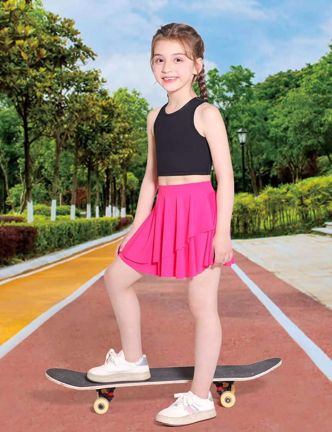 Girls Tennis Skirts Layered Ruffle Athletic Butterfly Flowy Skirts with Pocket Skorts for Girls 5-14Y
