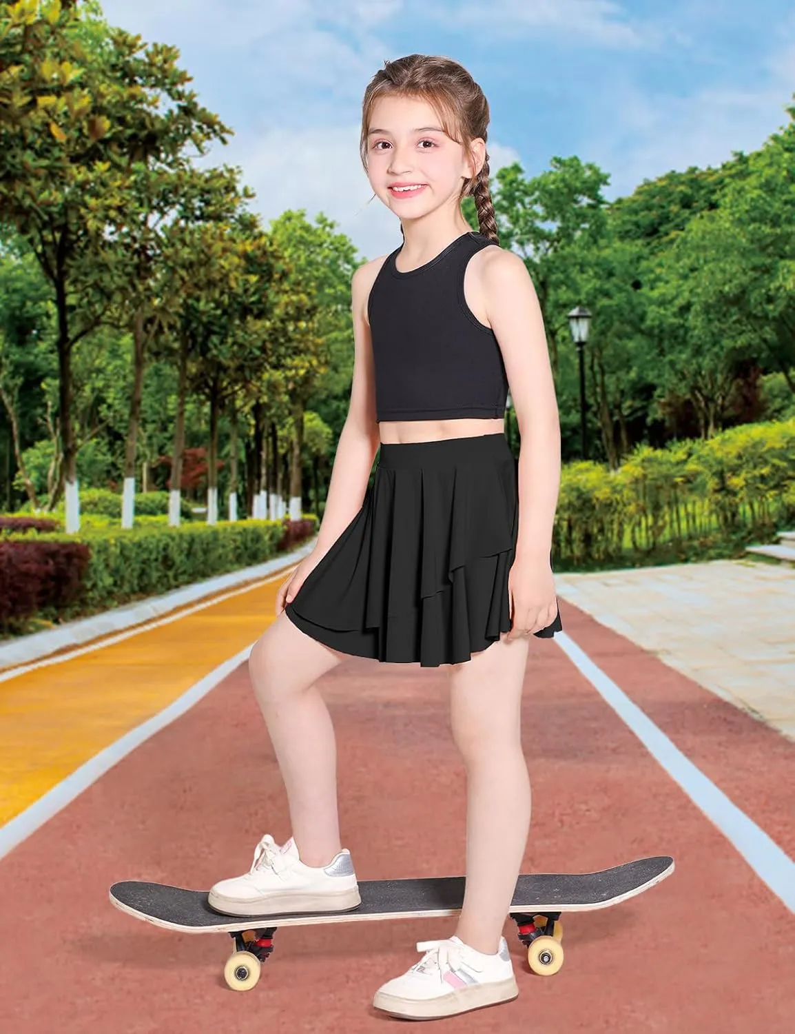 Girls Tennis Skirts Layered Ruffle Athletic Butterfly Flowy Skirts with Pocket Skorts for Girls 5-14Y