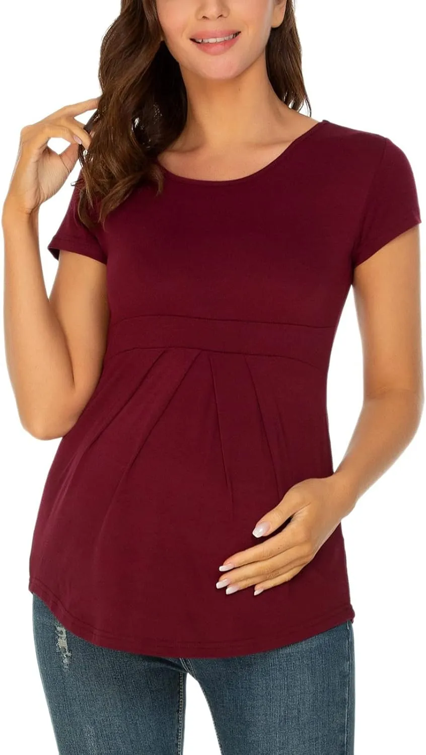 Glampunch Women's Maternity Tops Short & 3/4 Sleeve Round Neck Front Pleat Peplum Tunic Top Pregnancy Shirts