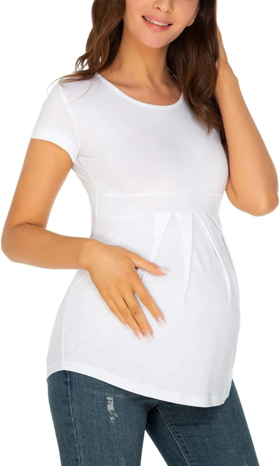 Glampunch Women's Maternity Tops Short & 3/4 Sleeve Round Neck Front Pleat Peplum Tunic Top Pregnancy Shirts