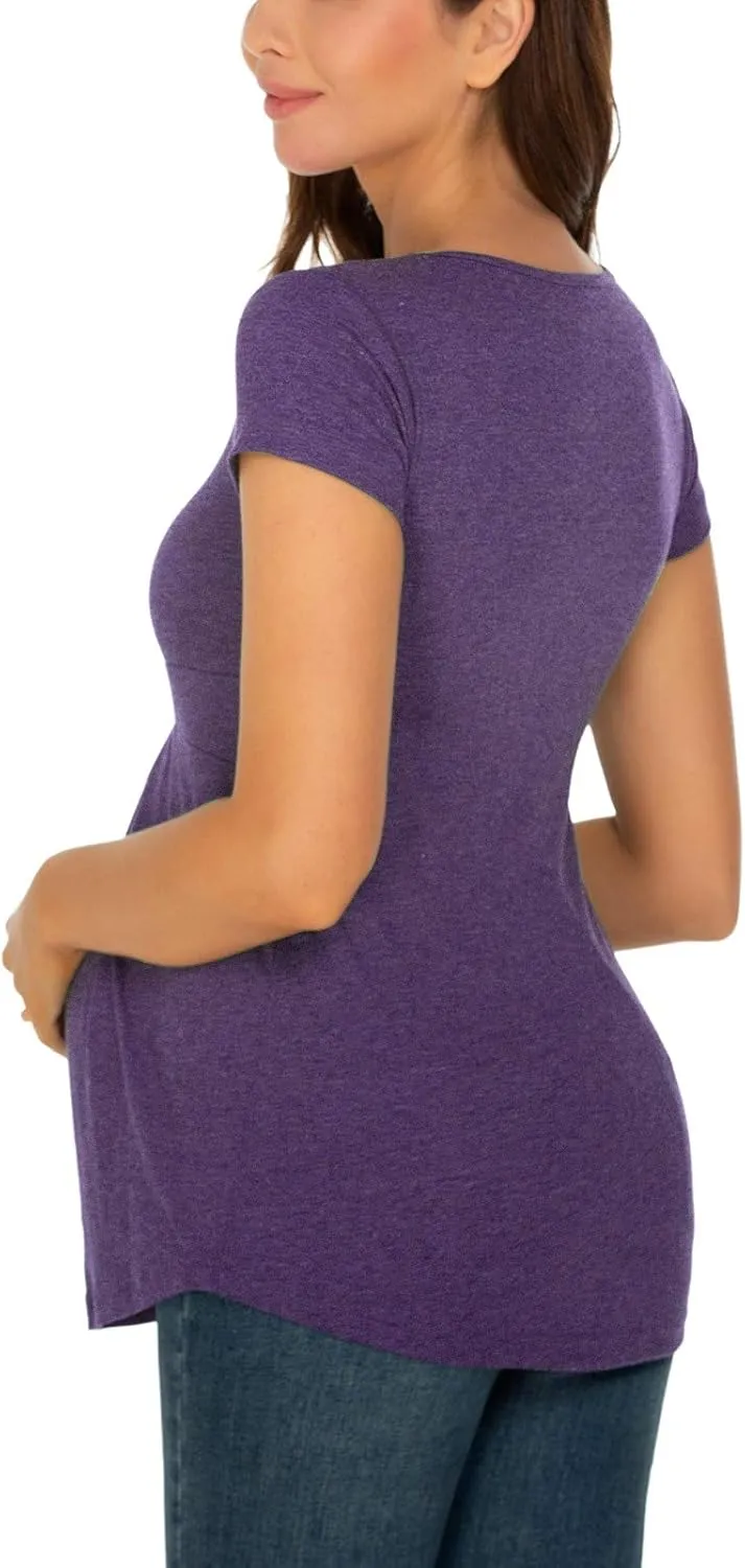 Glampunch Women's Maternity Tops Short & 3/4 Sleeve Round Neck Front Pleat Peplum Tunic Top Pregnancy Shirts