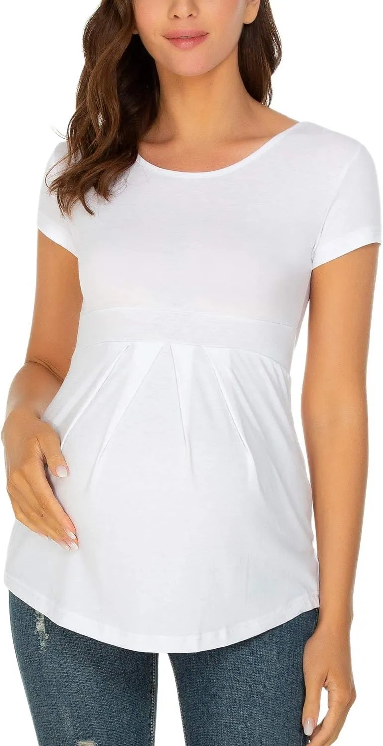 Glampunch Women's Maternity Tops Short & 3/4 Sleeve Round Neck Front Pleat Peplum Tunic Top Pregnancy Shirts