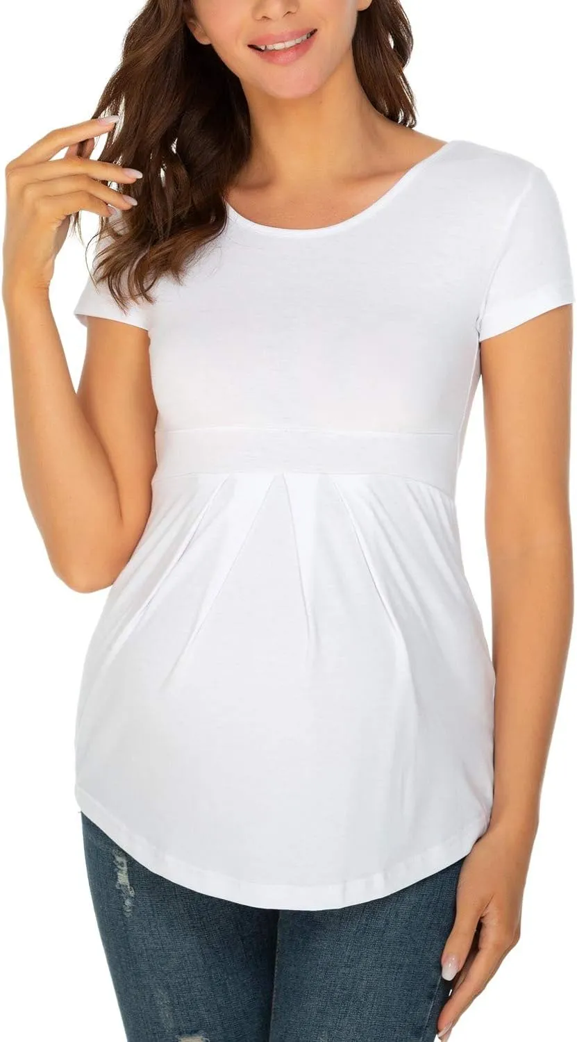 Glampunch Women's Maternity Tops Short & 3/4 Sleeve Round Neck Front Pleat Peplum Tunic Top Pregnancy Shirts