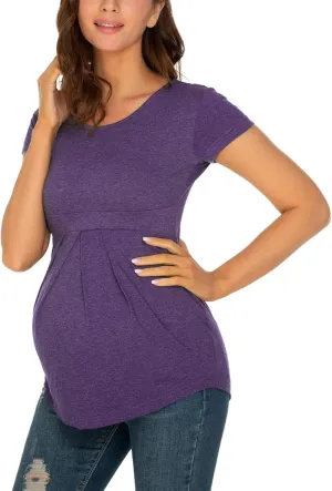 Glampunch Women's Maternity Tops Short & 3/4 Sleeve Round Neck Front Pleat Peplum Tunic Top Pregnancy Shirts