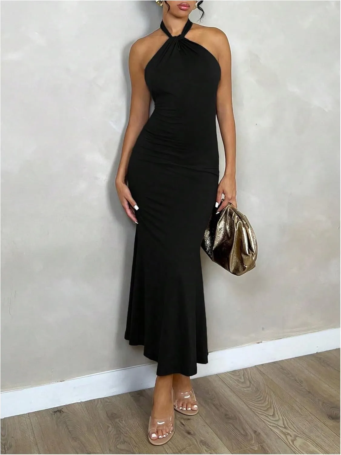 GORGLITTER Women's Open Backless Bodycon Graduation Maxi Dresses Rruched Halter Neck Sleeveless Ribbed Dress