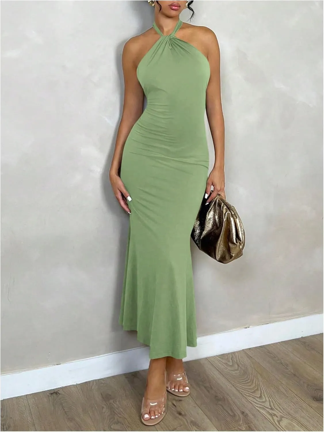 GORGLITTER Women's Open Backless Bodycon Graduation Maxi Dresses Rruched Halter Neck Sleeveless Ribbed Dress
