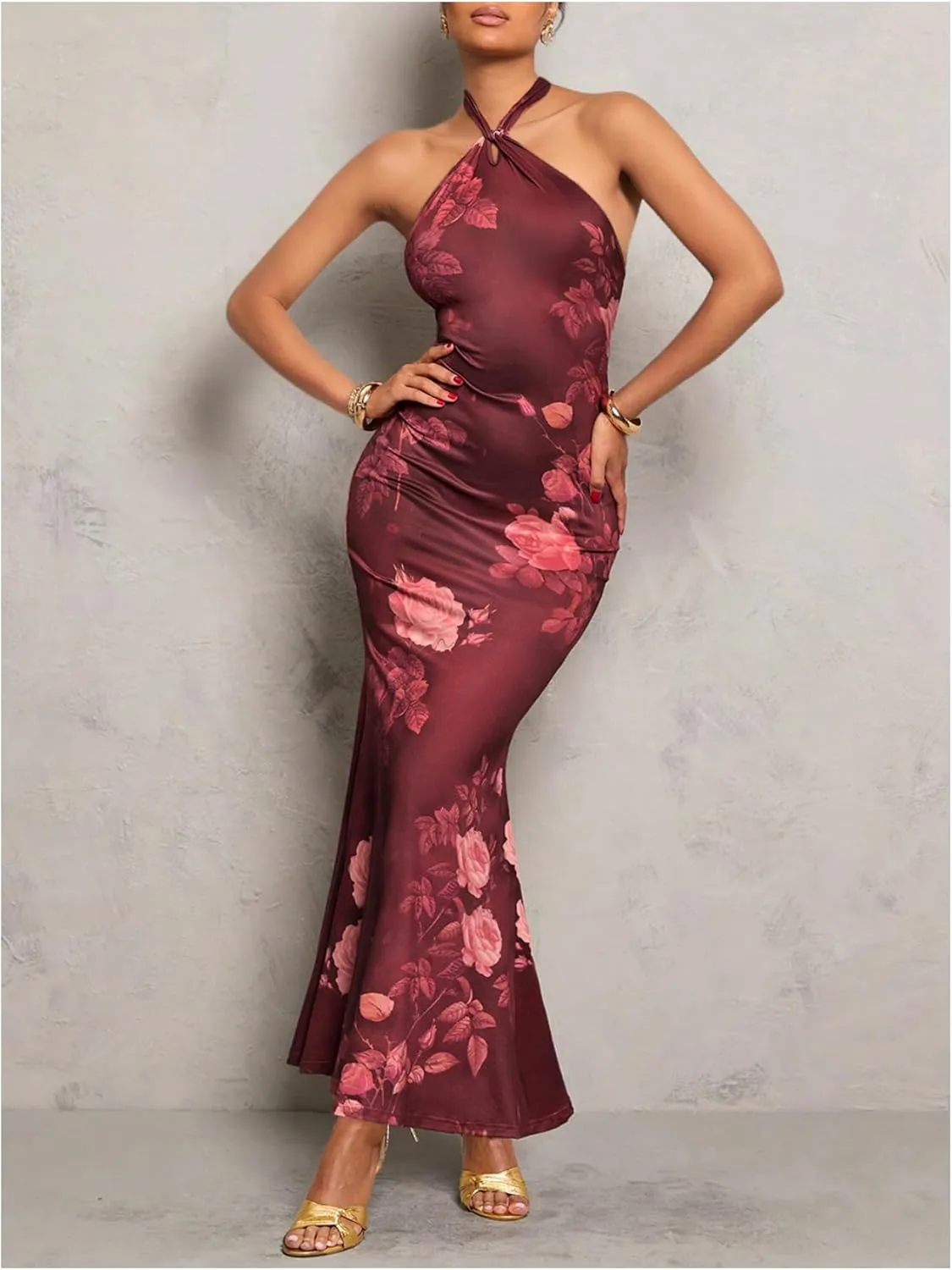 GORGLITTER Women's Open Backless Bodycon Graduation Maxi Dresses Rruched Halter Neck Sleeveless Ribbed Dress
