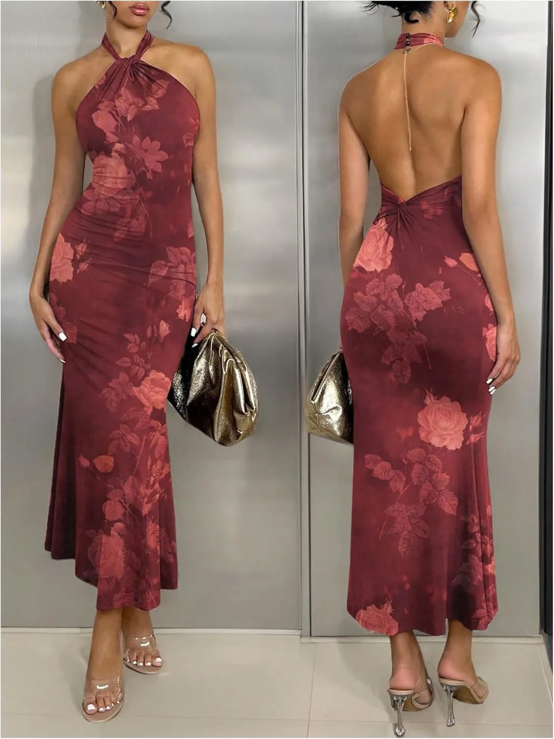 GORGLITTER Women's Open Backless Bodycon Graduation Maxi Dresses Rruched Halter Neck Sleeveless Ribbed Dress
