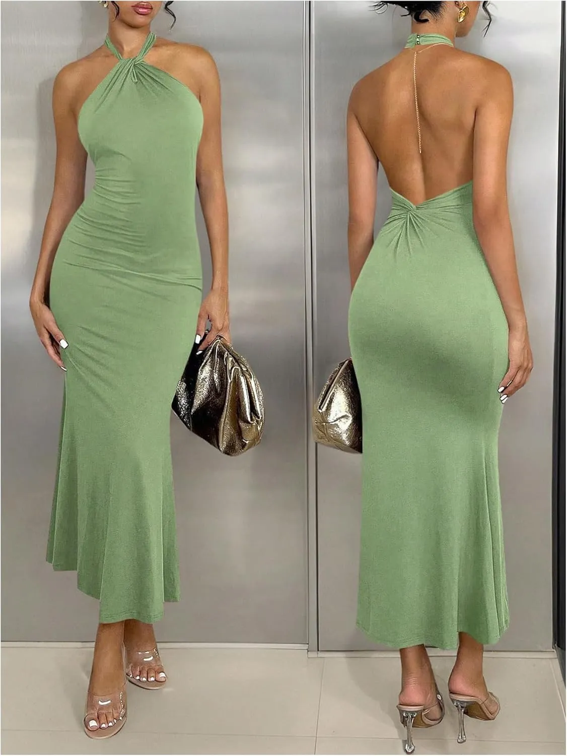 GORGLITTER Women's Open Backless Bodycon Graduation Maxi Dresses Rruched Halter Neck Sleeveless Ribbed Dress