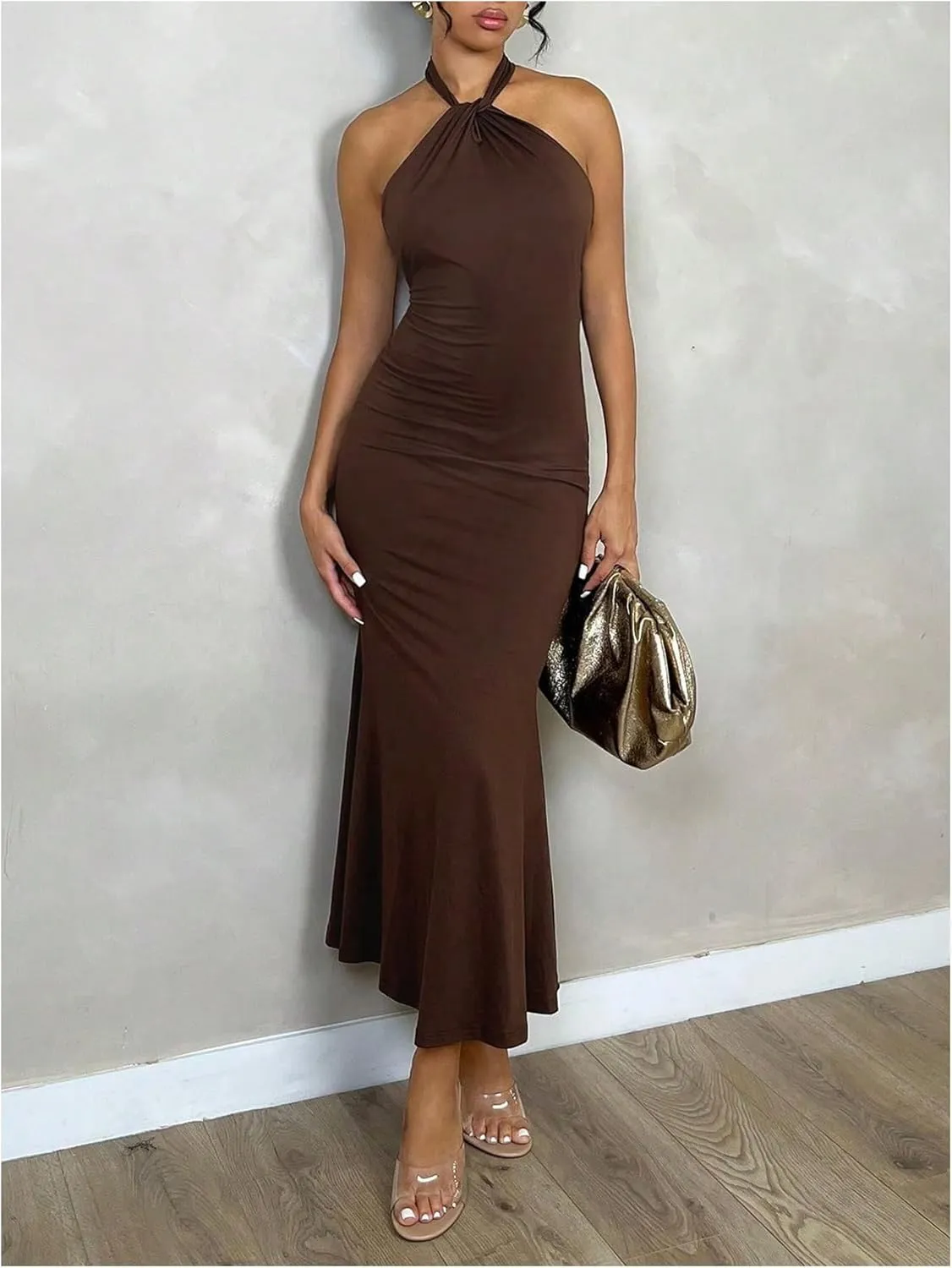 GORGLITTER Women's Open Backless Bodycon Graduation Maxi Dresses Rruched Halter Neck Sleeveless Ribbed Dress